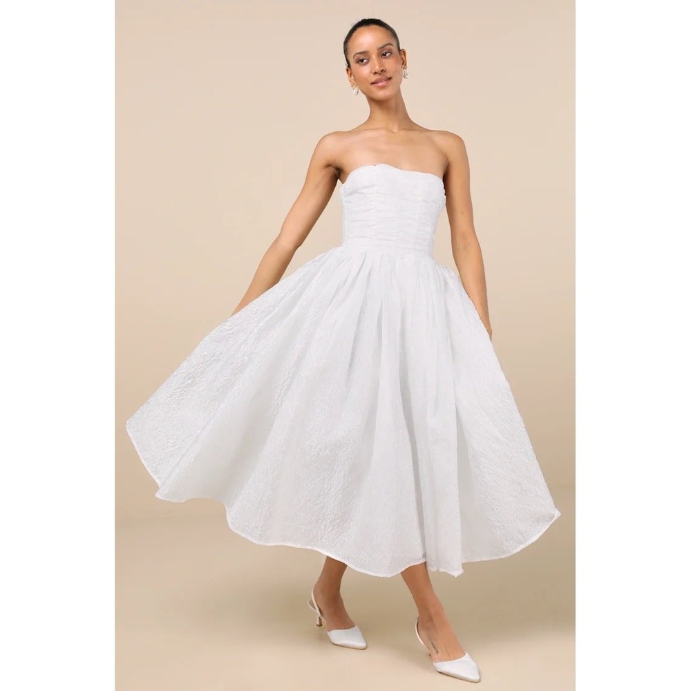 NWT Lulus Analeia Ivory Jacquard Lace-Up Strapless Midi Dress Small